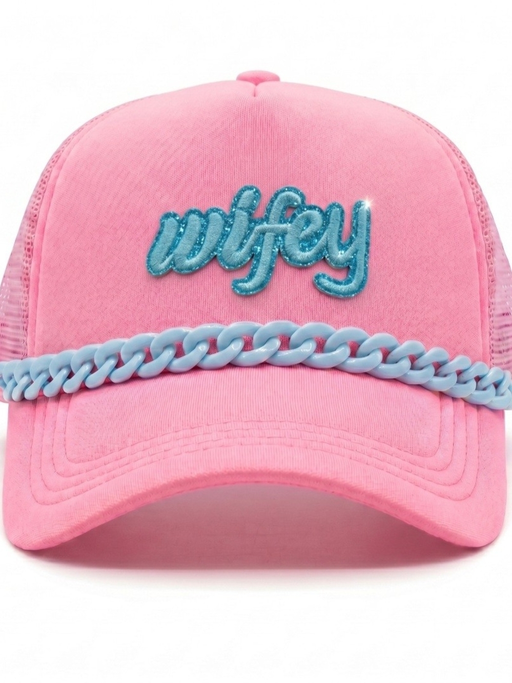 Pink 'Wifey' Embroidered Baseball Cap with Blue Chain Accent- Bridal Cap